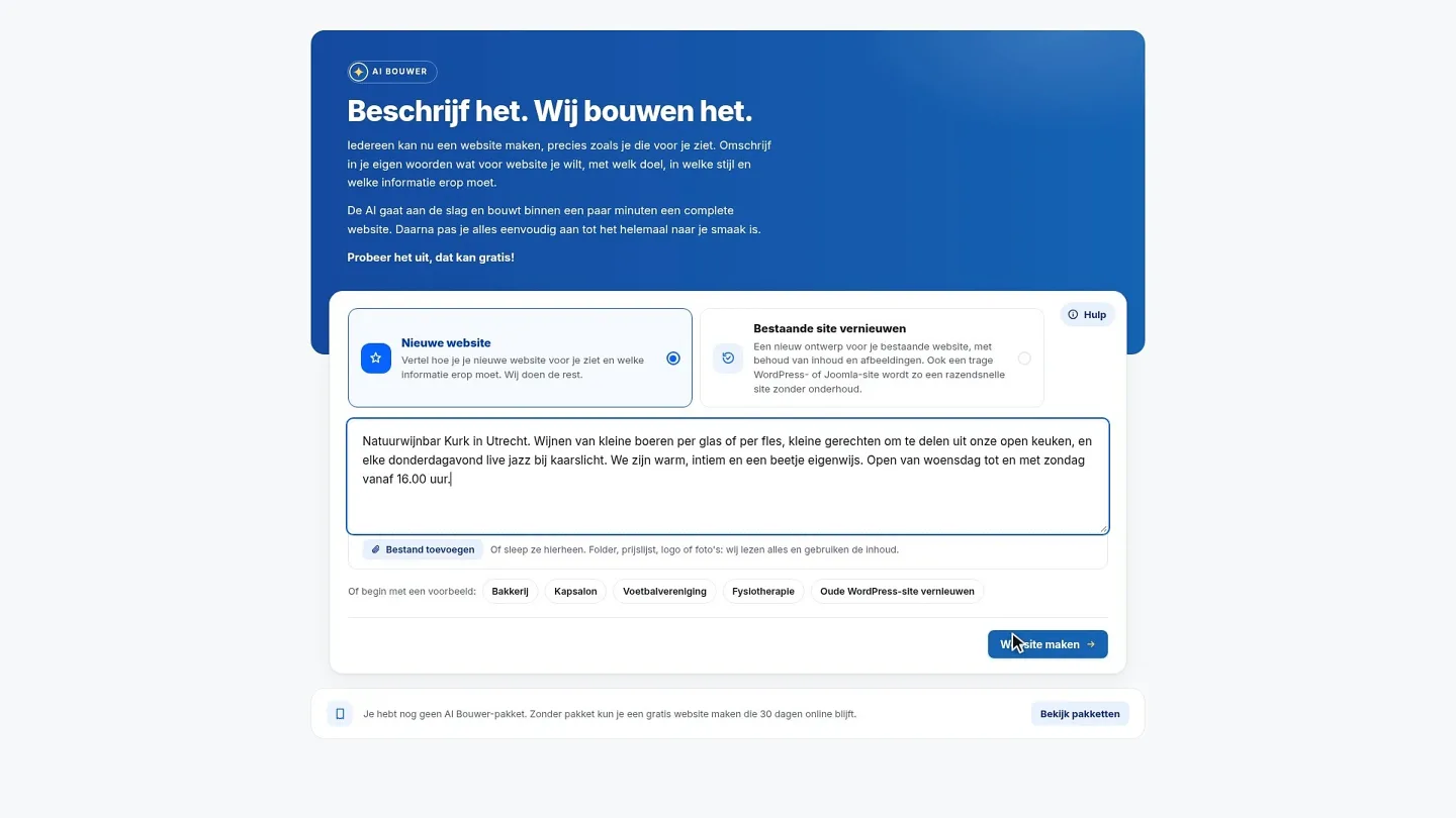 Het startscherm van de AI Builder: bij Nieuwe website staat de beschrijving van een natuurwijnbar in Utrecht, rechtsonder de knop Website maken.