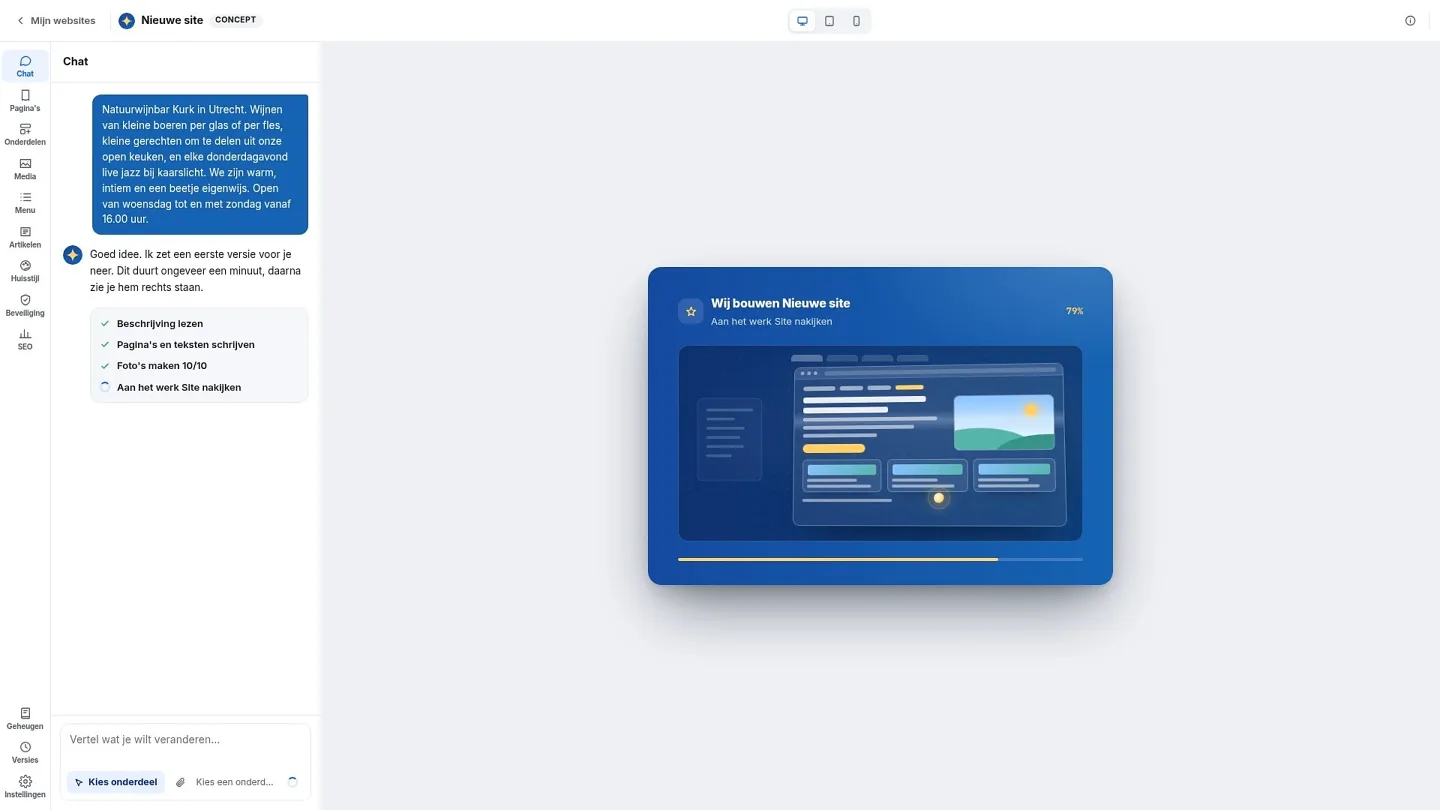 De AI Builder bouwt de website: links in de chat worden de stappen afgevinkt, rechts loopt een voortgangsbalk vol.